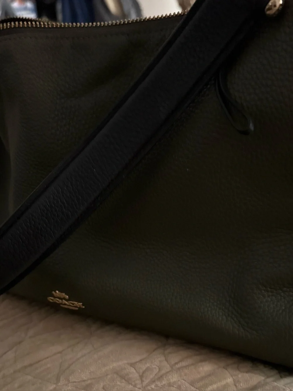 Coach New York Pebbled Leather Colorblock Tote Shoulder Bag Olive Green/ White